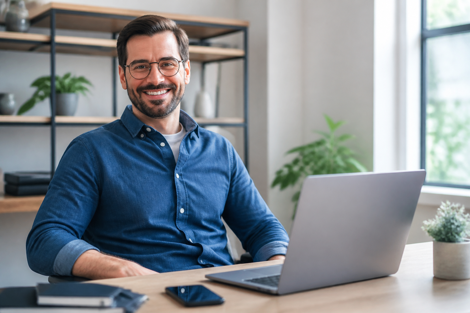 Real estate agent relaxed at a bright home office desk, stress-free, looking at laptop