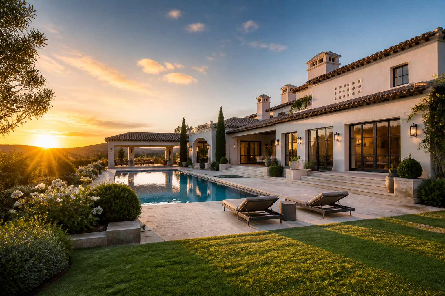 Aerial view of a stunning luxury home with pool, lush garden, golden hour light