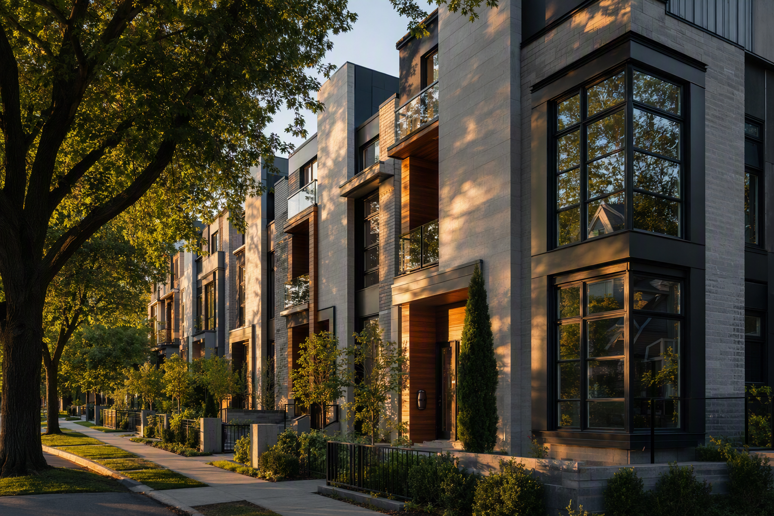 Row of beautiful modern townhouses on a tree-lined street at golden hour