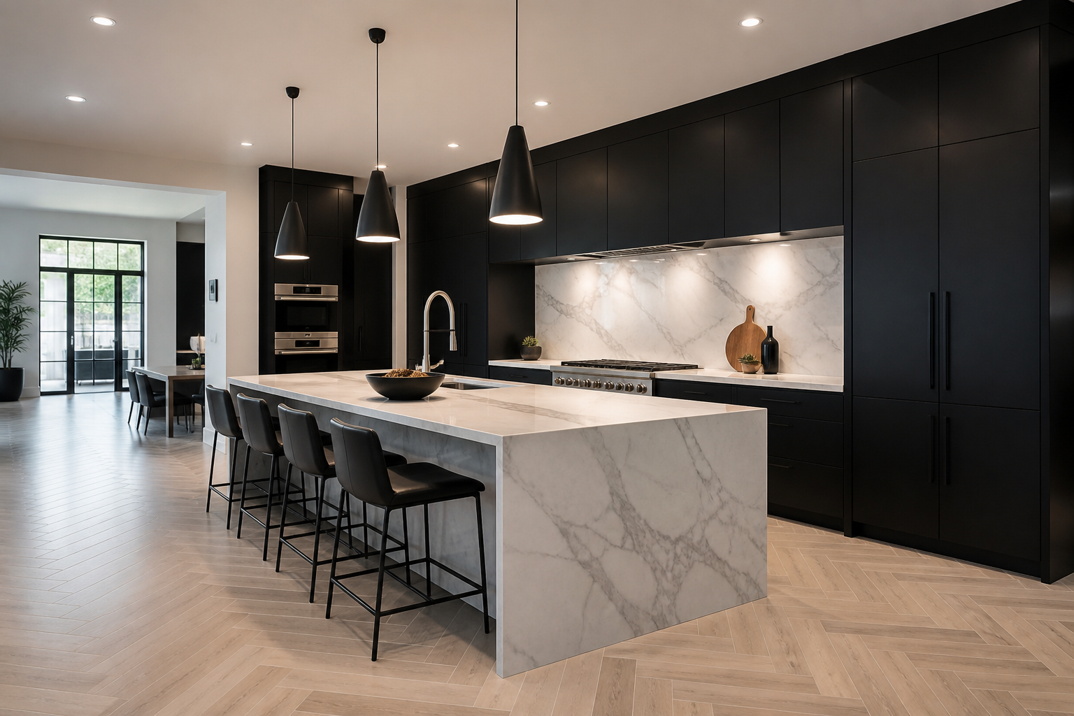 Contemporary chef's kitchen with marble waterfall island and matte black cabinetry