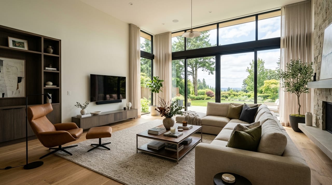 Virtually staged living room listing photo after AI interior design