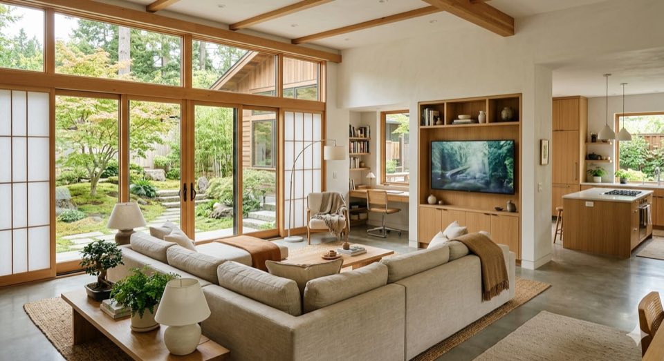 Virtually staged listing photo in Japandi style