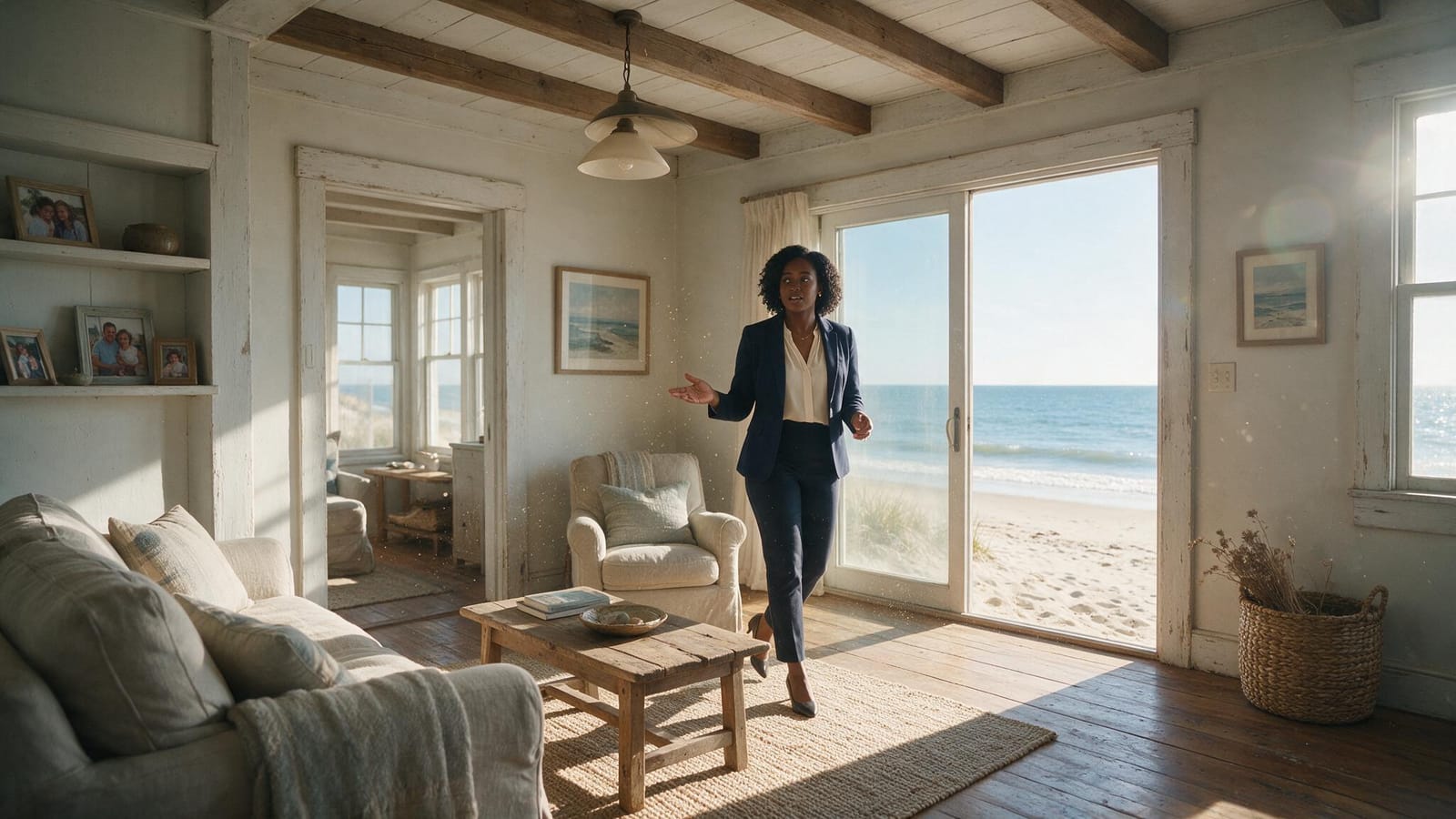 Real estate agent in a beach cottage living room with sliding doors open to the ocean