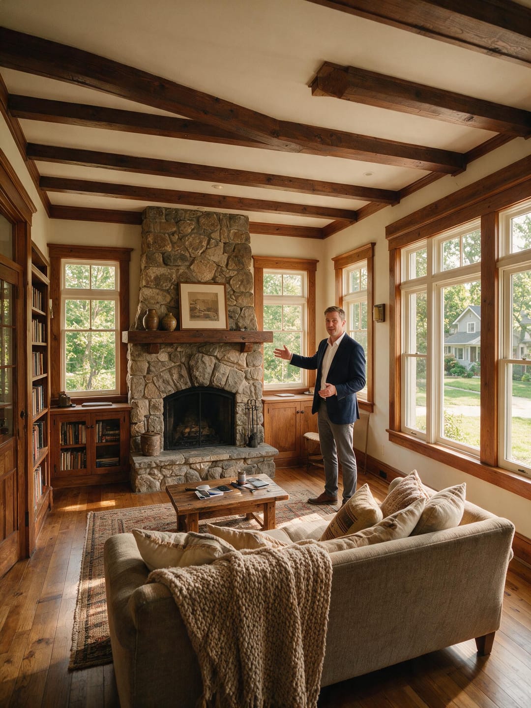 Craftsman home interior with a real estate agent in the background