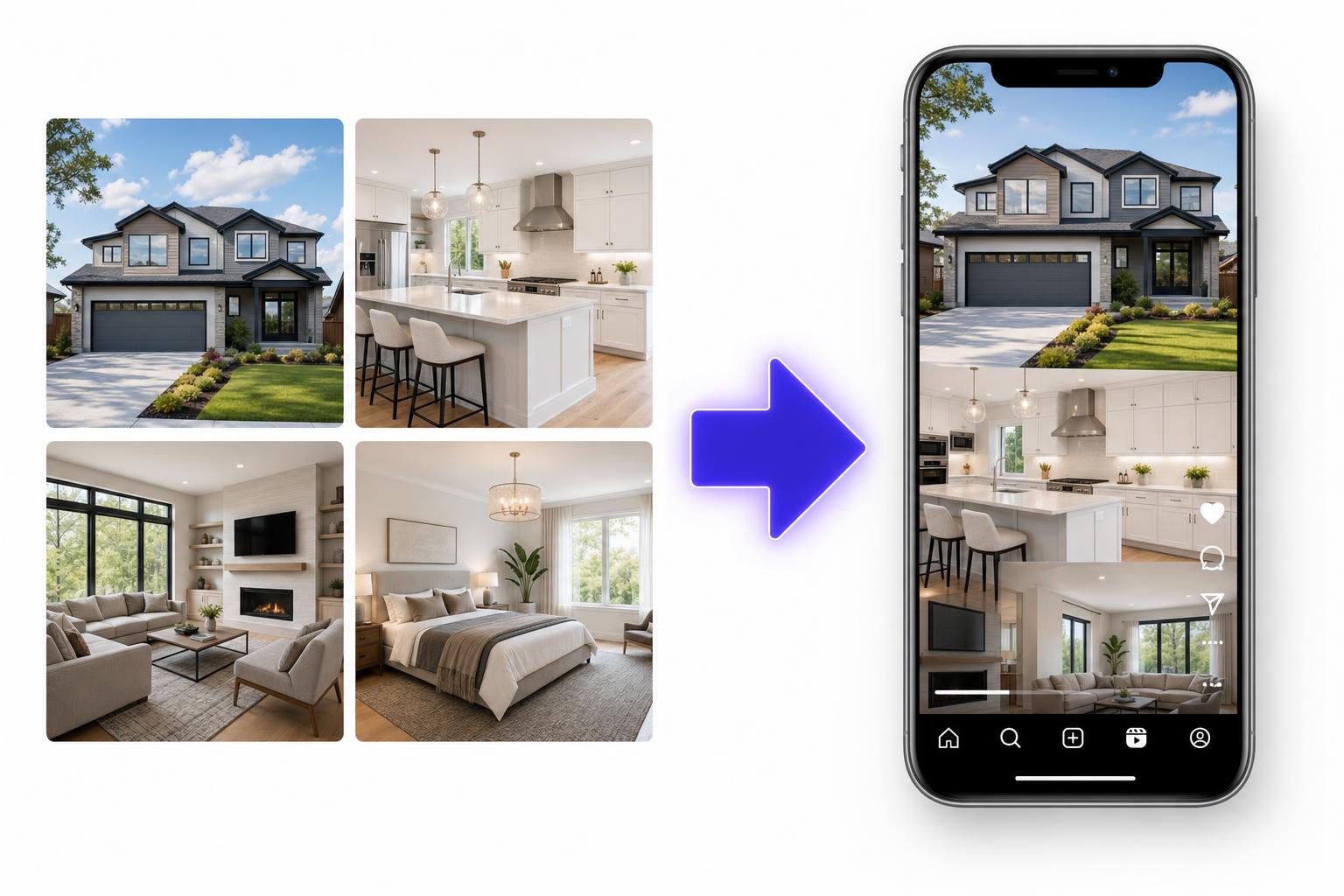 AI real estate video editor: listing photos on the left transformed into a social media video on the right, illustrating how BetterSpace converts property photos into marketing video