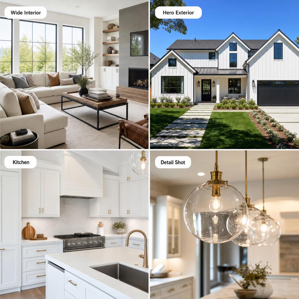 Four ideal real estate listing photo types for AI video: wide interior showing room volume, hero exterior with clear sky, bright kitchen, and detail shot of pendant lighting