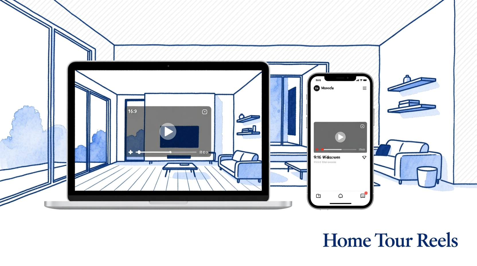 Finished real estate listing video shown in both 16:9 landscape format on a laptop and 9:16 vertical format on a smartphone