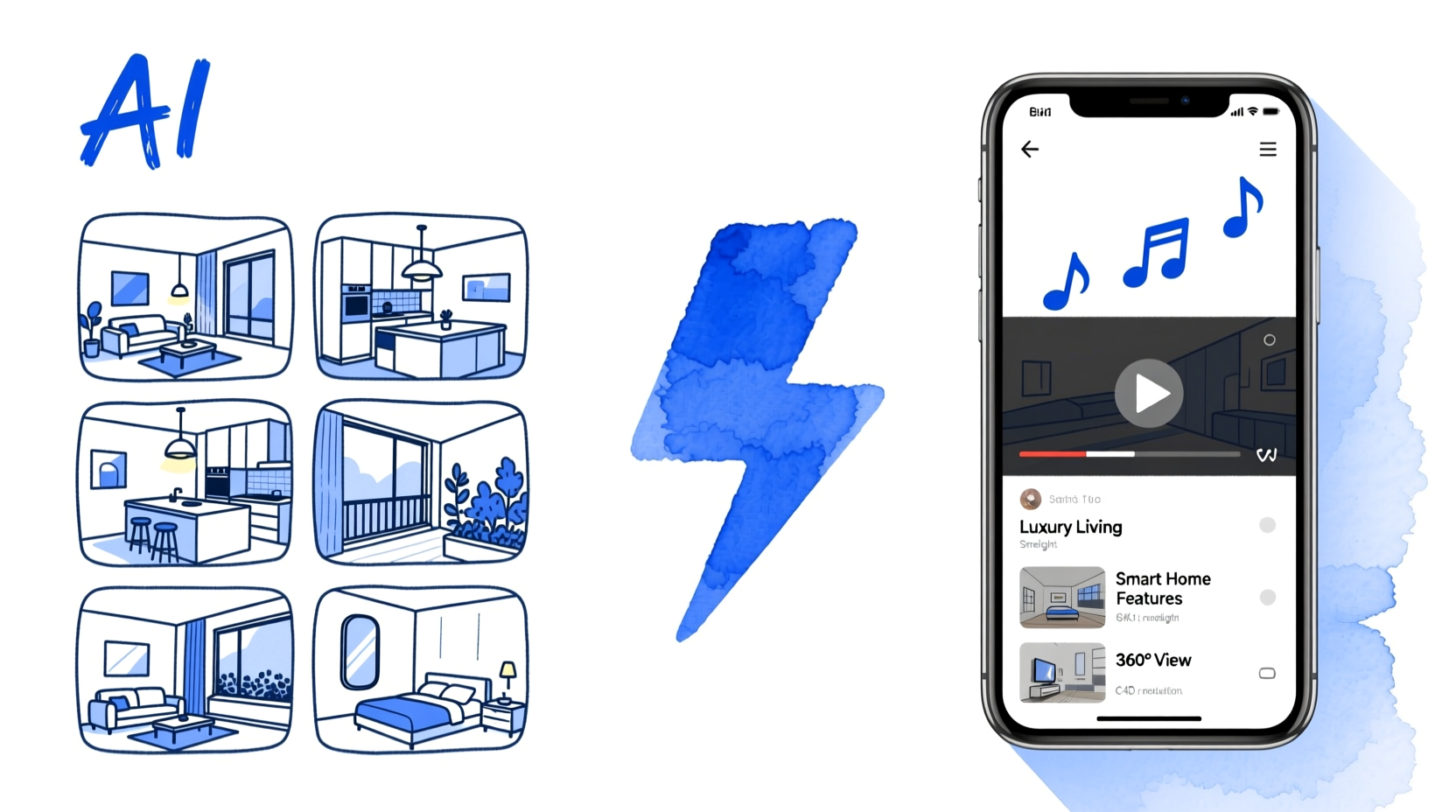 Real estate listing photos being transformed into a property video using AI — showing photos on the left and finished video on the right