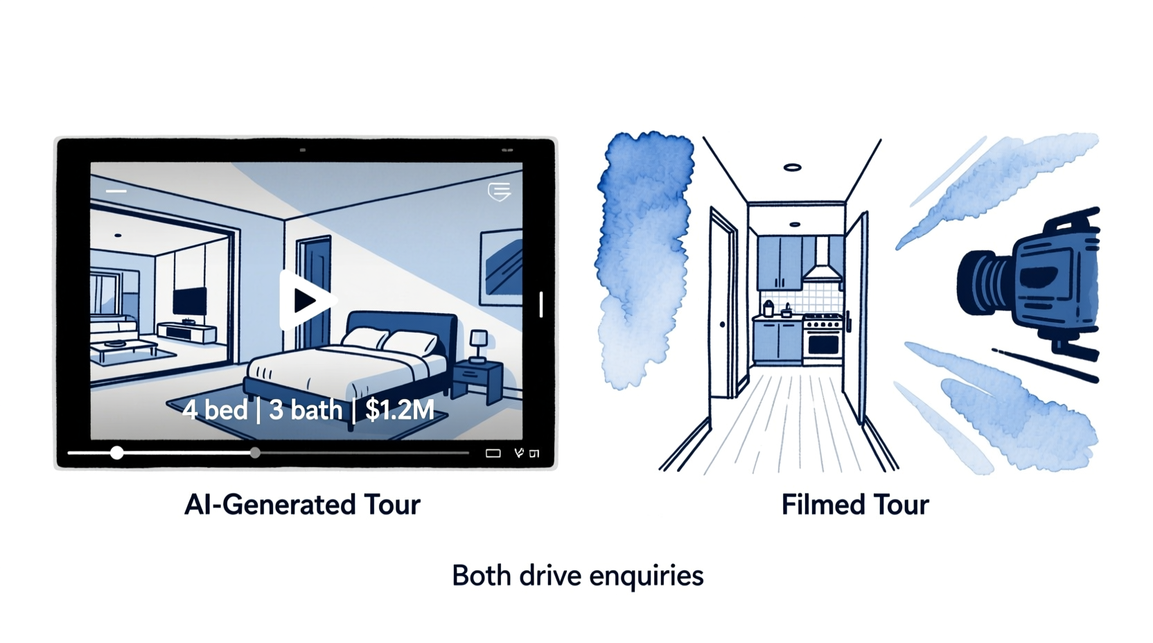 Side-by-side comparison of an AI-generated property tour video and a professionally filmed tour video