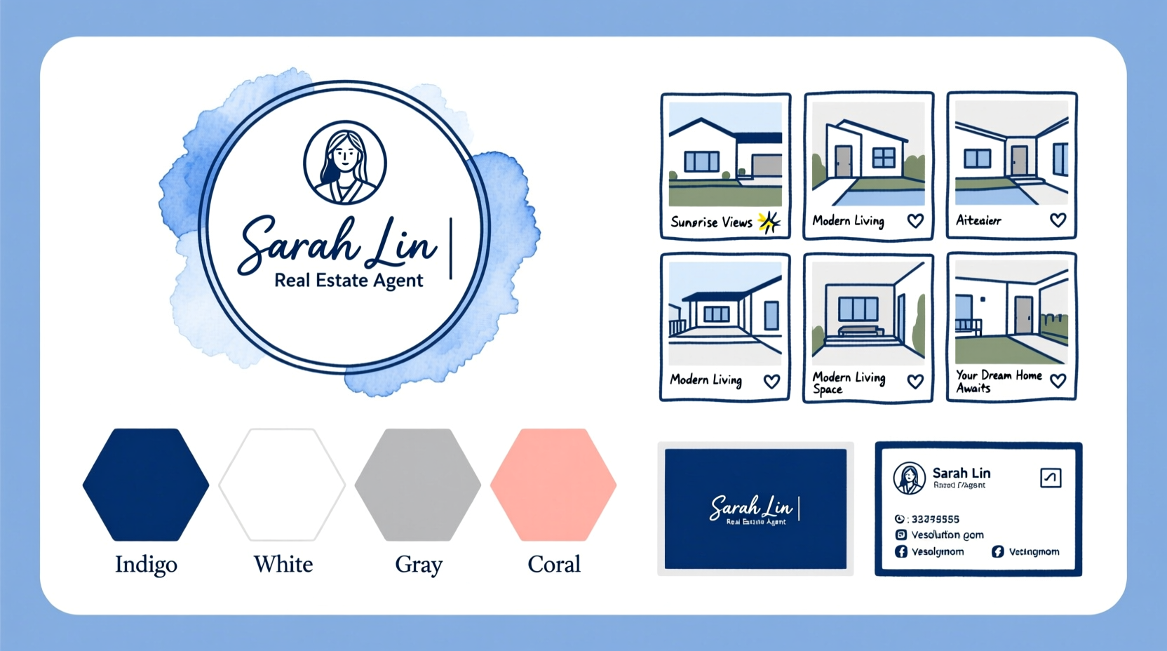 Real estate agent personal brand elements: consistent headshot, logo, color palette, and social media presence across platforms