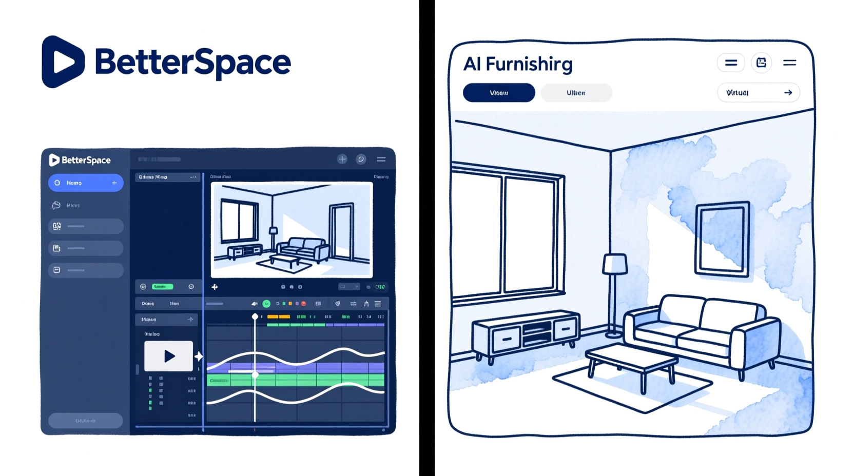 BetterSpace interface showing AI listing video creation and virtual staging side by side
