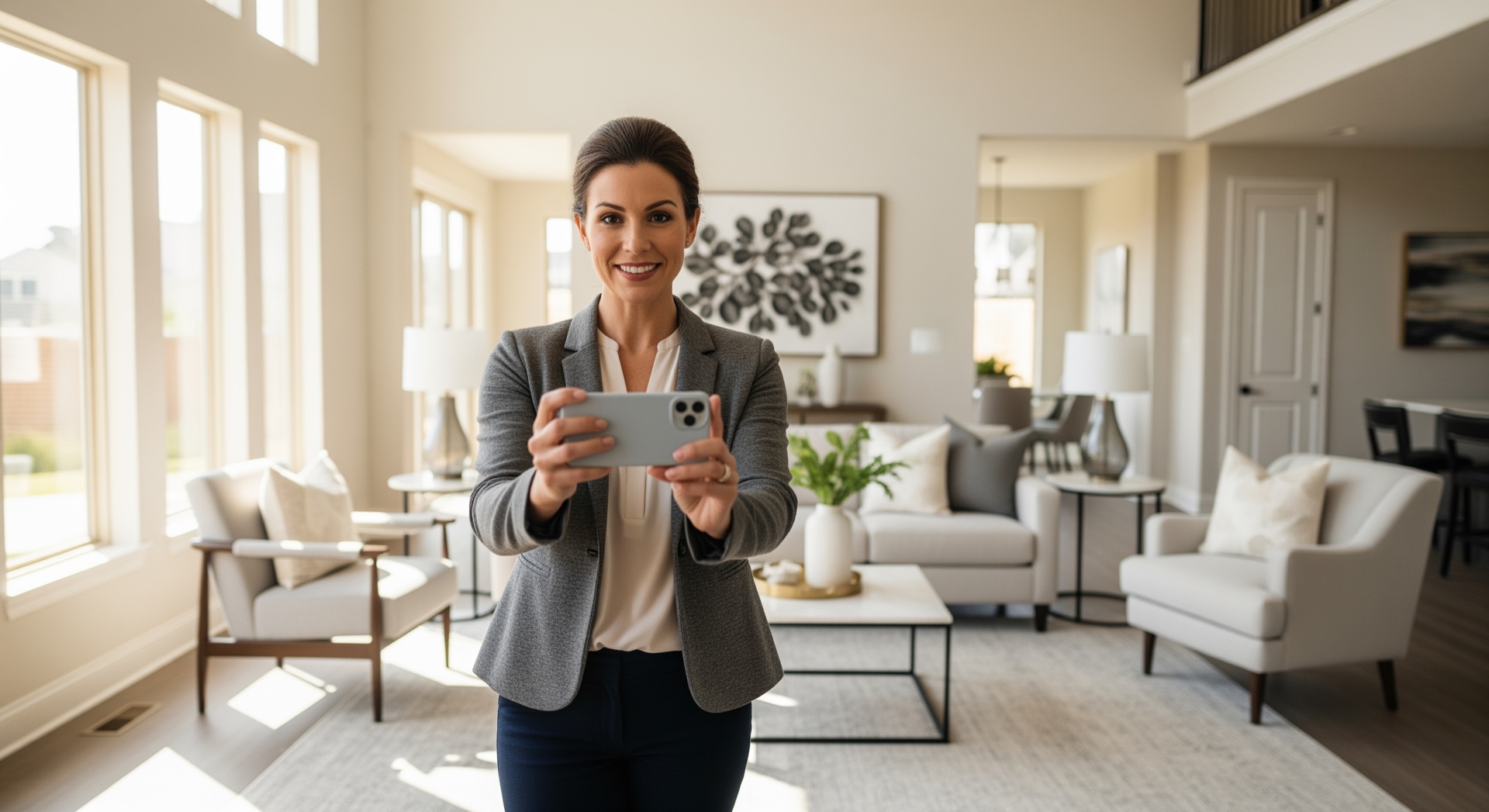 Real estate agent creating a listing walkthrough video on a smartphone in a staged modern living room with floor-to-ceiling windows and warm natural light