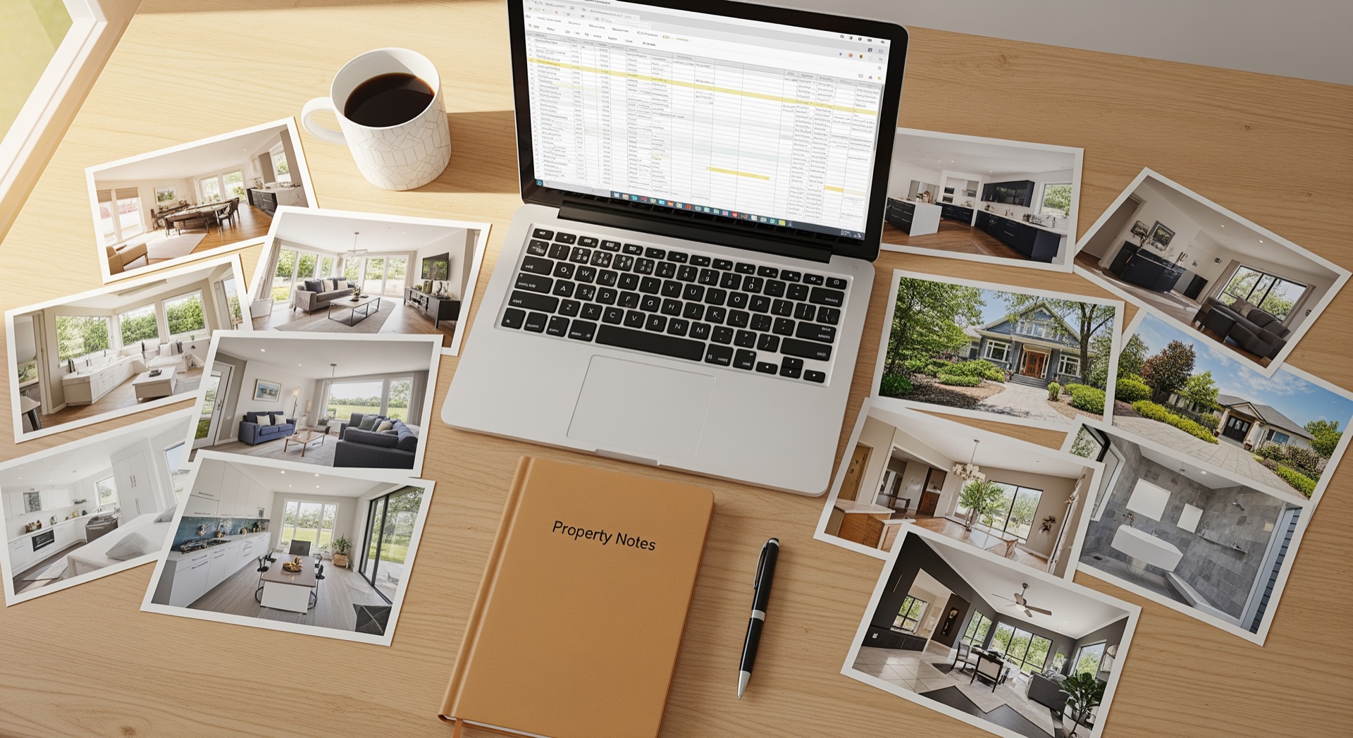 Real estate agent reviewing property listing photos on a laptop to plan a video marketing strategy — AI real estate video tools let agents produce listing videos at scale