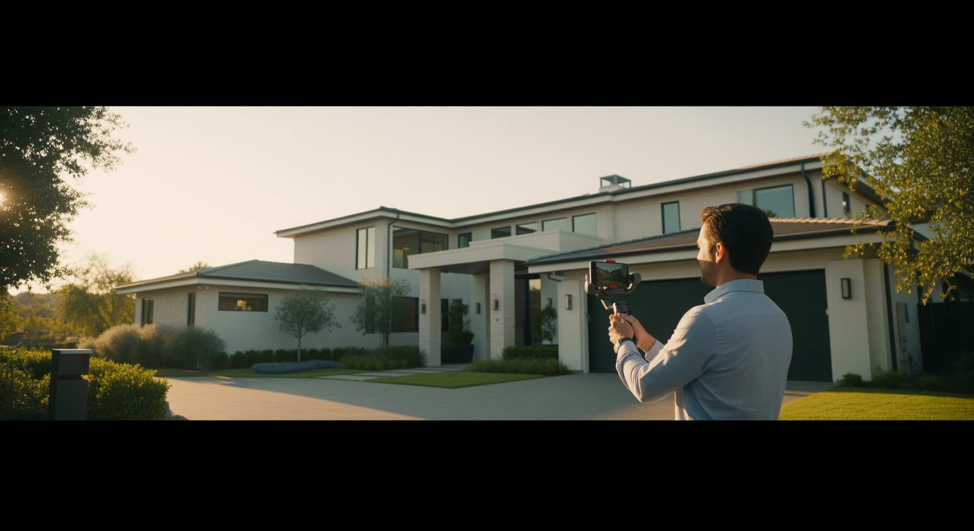 Real estate agent recording an exterior property listing video on a smartphone gimbal outside a modern luxury home at golden hour — real estate video marketing for agents