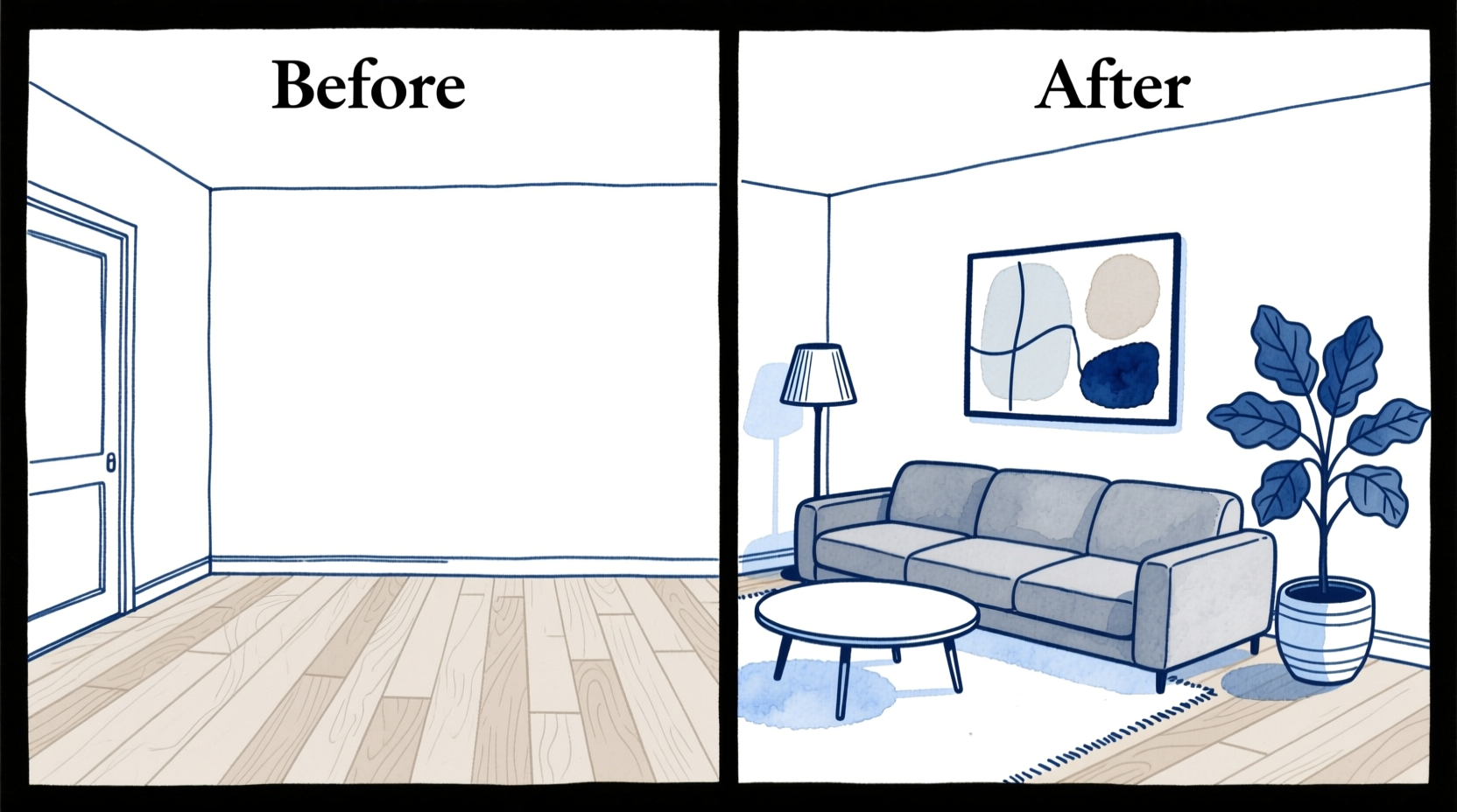 Before and after virtual staging: empty living room transformed with modern furnishings