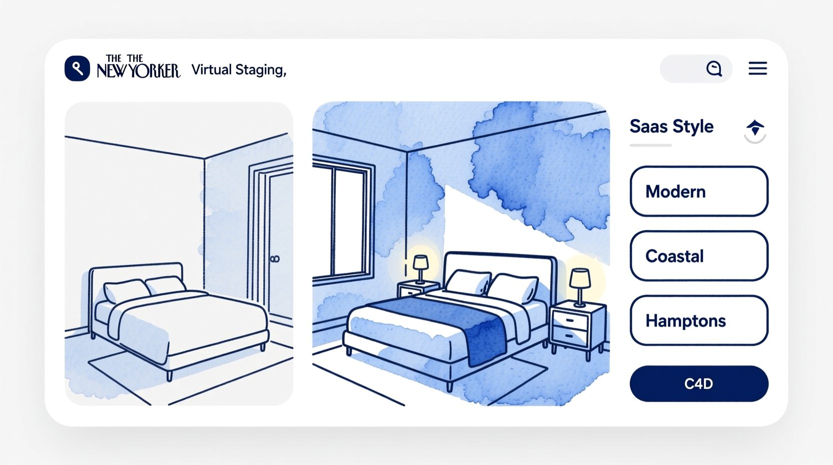 BetterSpace virtual staging tool interface showing before/after room comparison