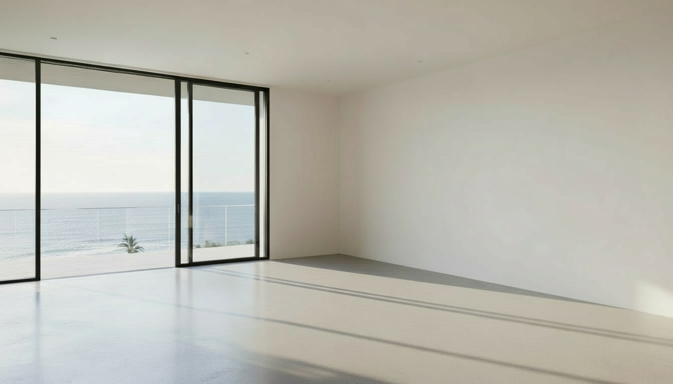Bright modern interior with large glass doors opening toward natural light.