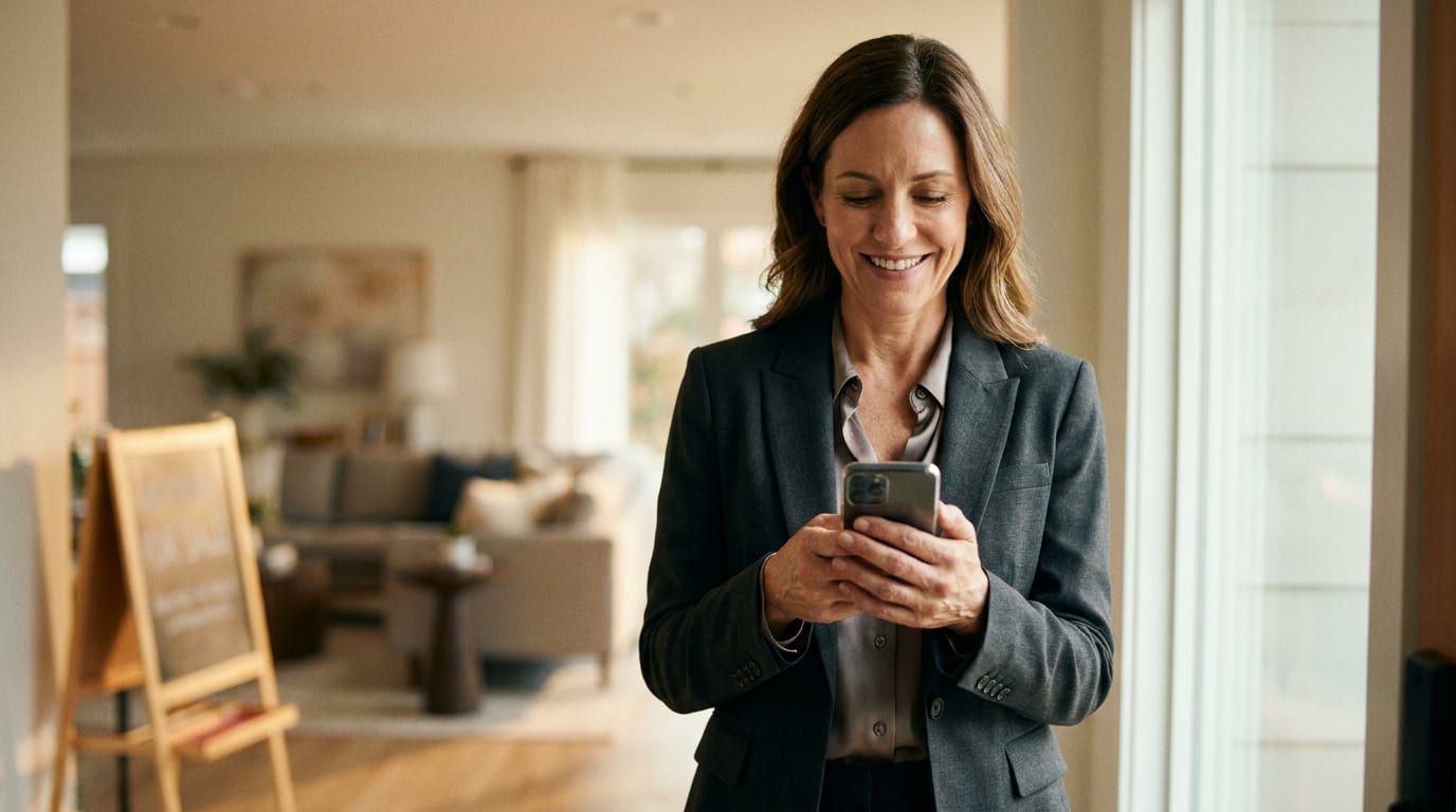 Smiling real estate agent in a blazer checking her phone in the entryway of a home during an open house