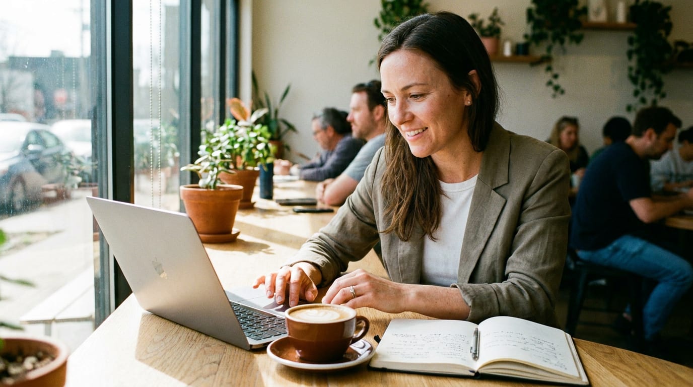 Real estate agent planning a month of social media posts at a laptop and notebook in a sunny cafe