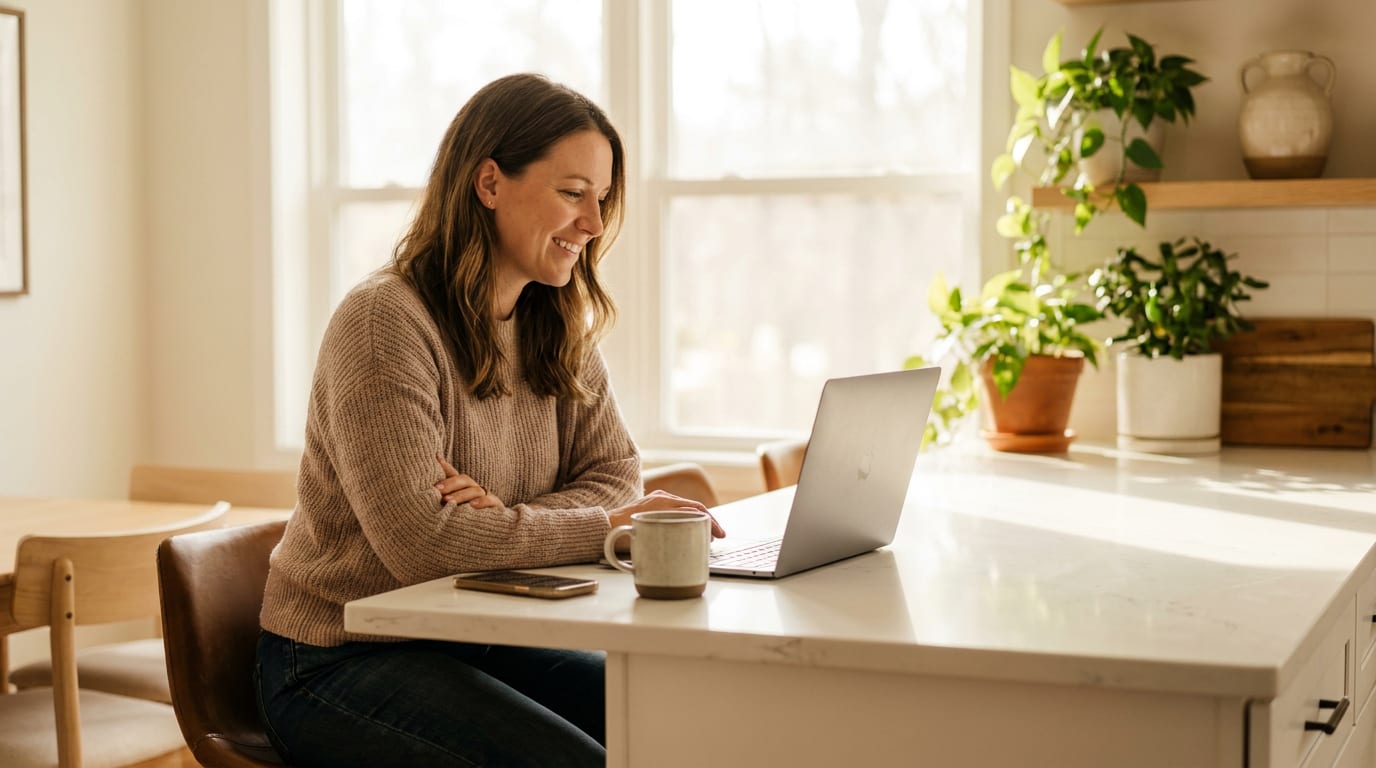 Real estate agent smiling at her laptop at a sunlit kitchen island, finishing her social media planning before the day starts