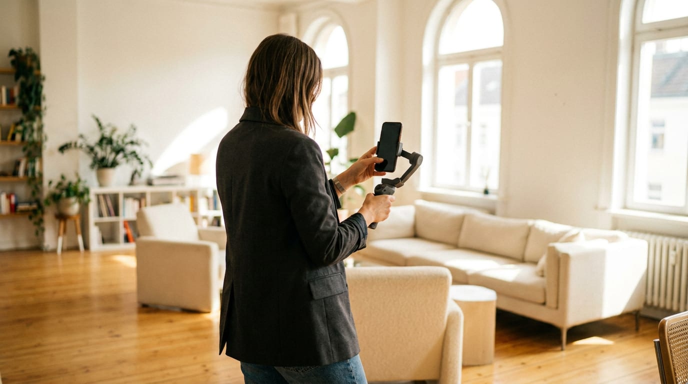 Real estate agent filming a walkthrough of a sunlit living room with a smartphone on a handheld gimbal
