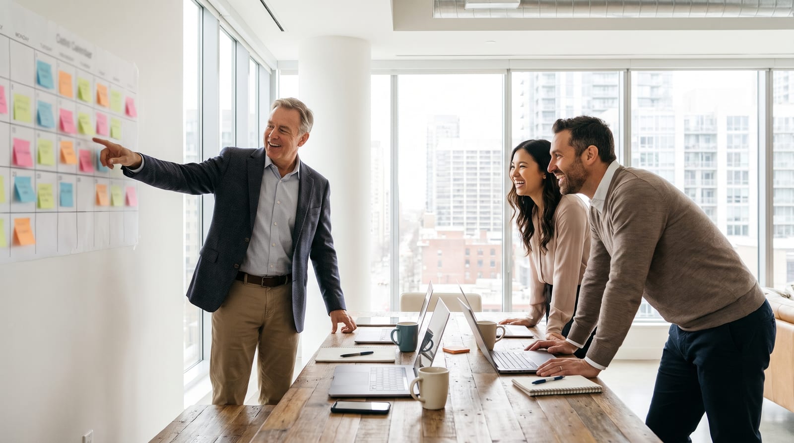 Real estate team members laughing together as one points to a wall calendar covered in colorful sticky notes in a bright office