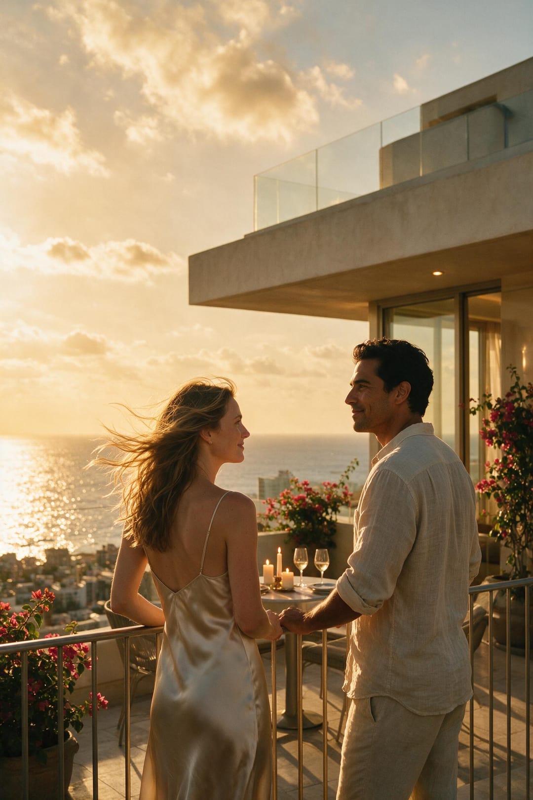 Couple on a luxury rooftop terrace at sunset overlooking the ocean