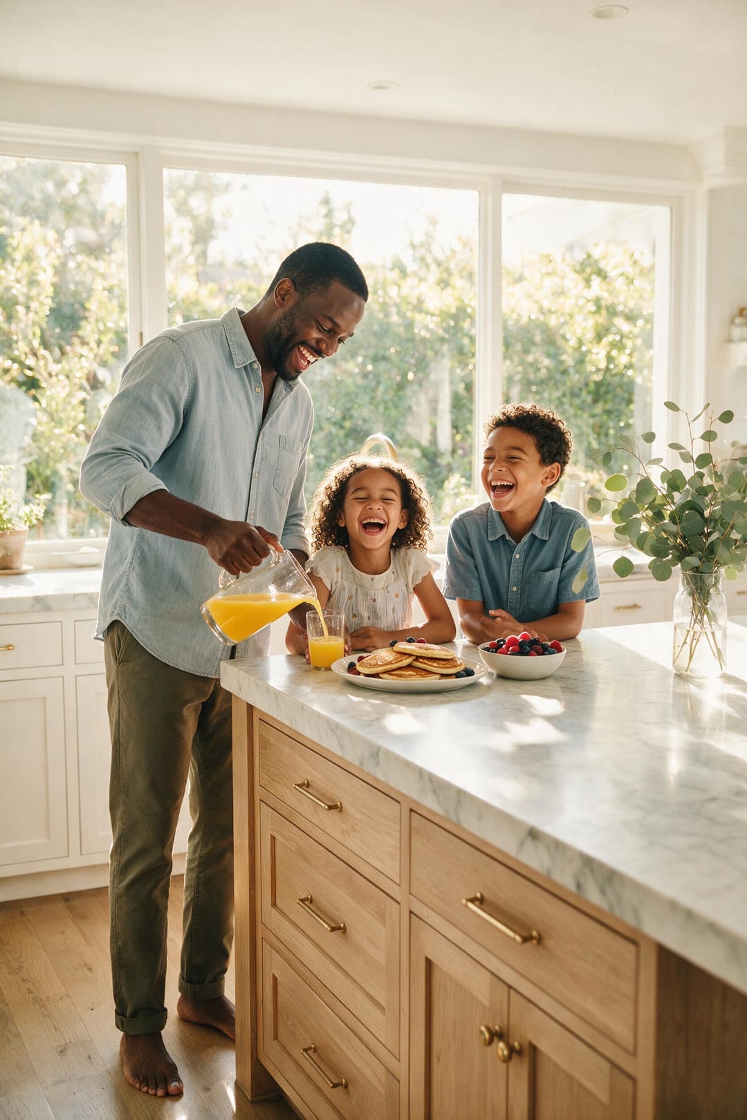 Father and two children laughing over pancakes at a sunlit kitchen island